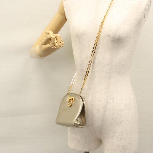 Salvatore Ferragamo Gancini Chain Shoulder Bag Leather Silver Gold Auth BD416 - Picture 12 of 14